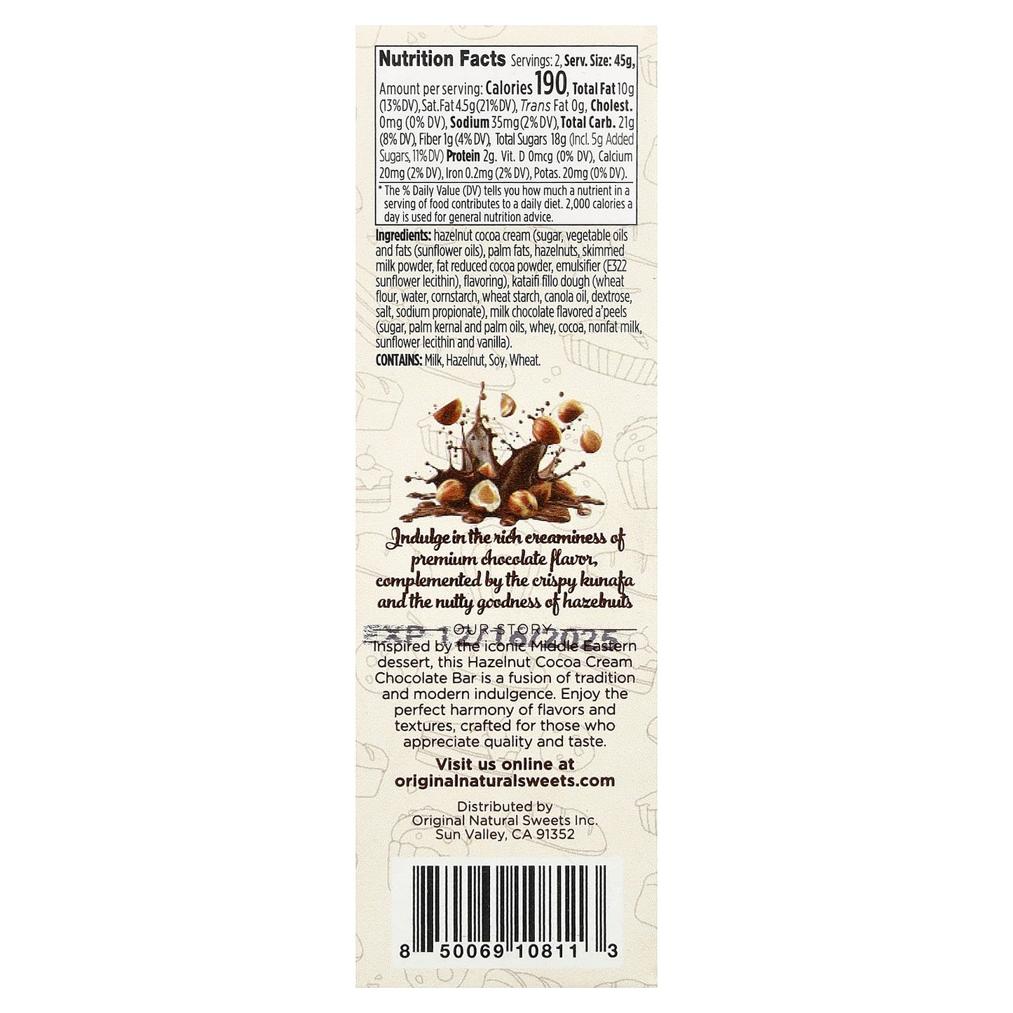 Original Natural Sweets, Dubai Hazelnut Cocoa Cream Bar, 3.2 oz (91 g)