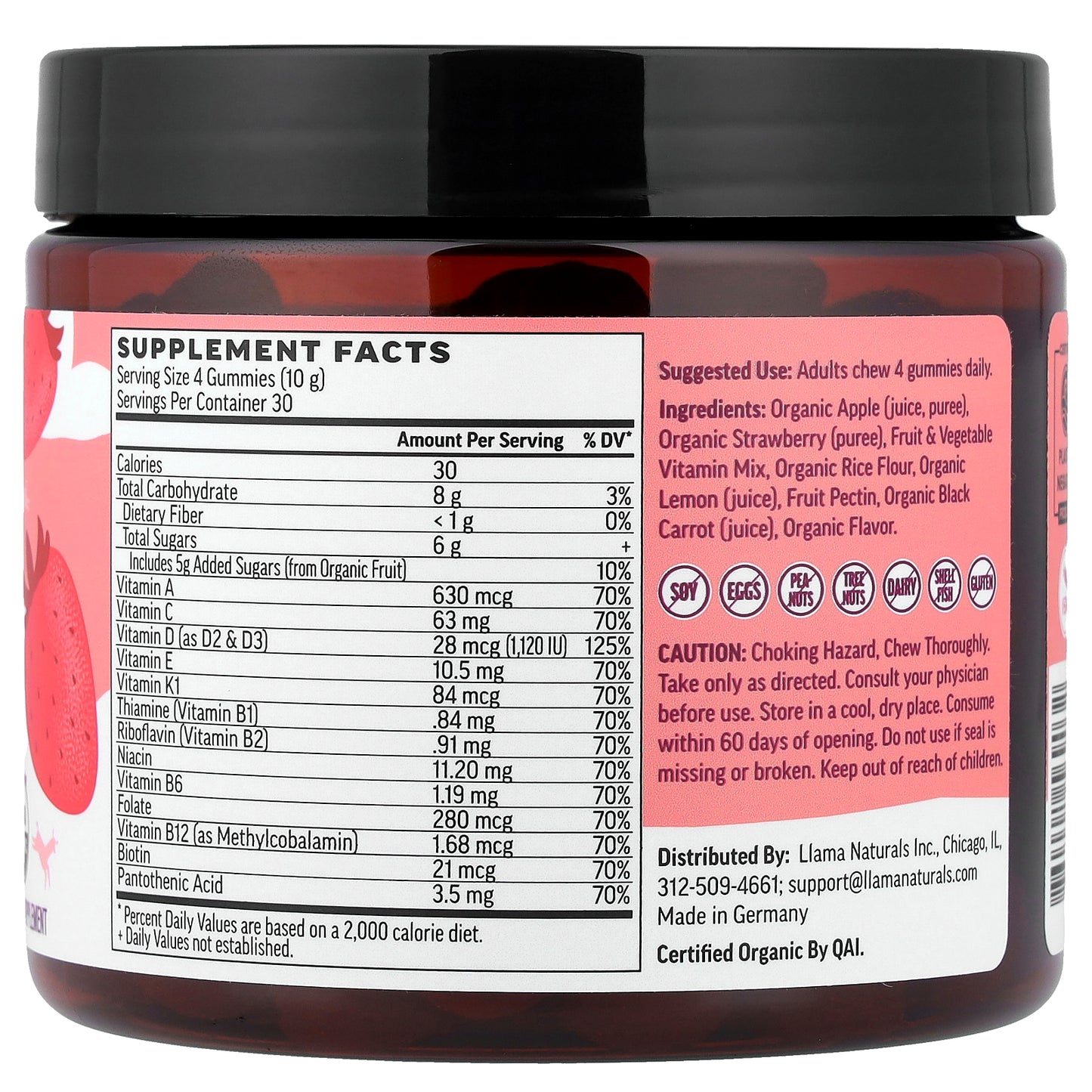 Llama Naturals, Adult Plant-Based Multi, Real Fruit Gummies, Strawberry Jam, 120 Gummies