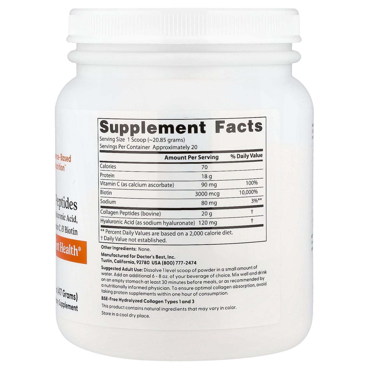 Doctor's Best, Pure Collagen Peptides With Added Hyaluronic Acid, Vitamin C, & Biotin, 14.8 oz (417 g)