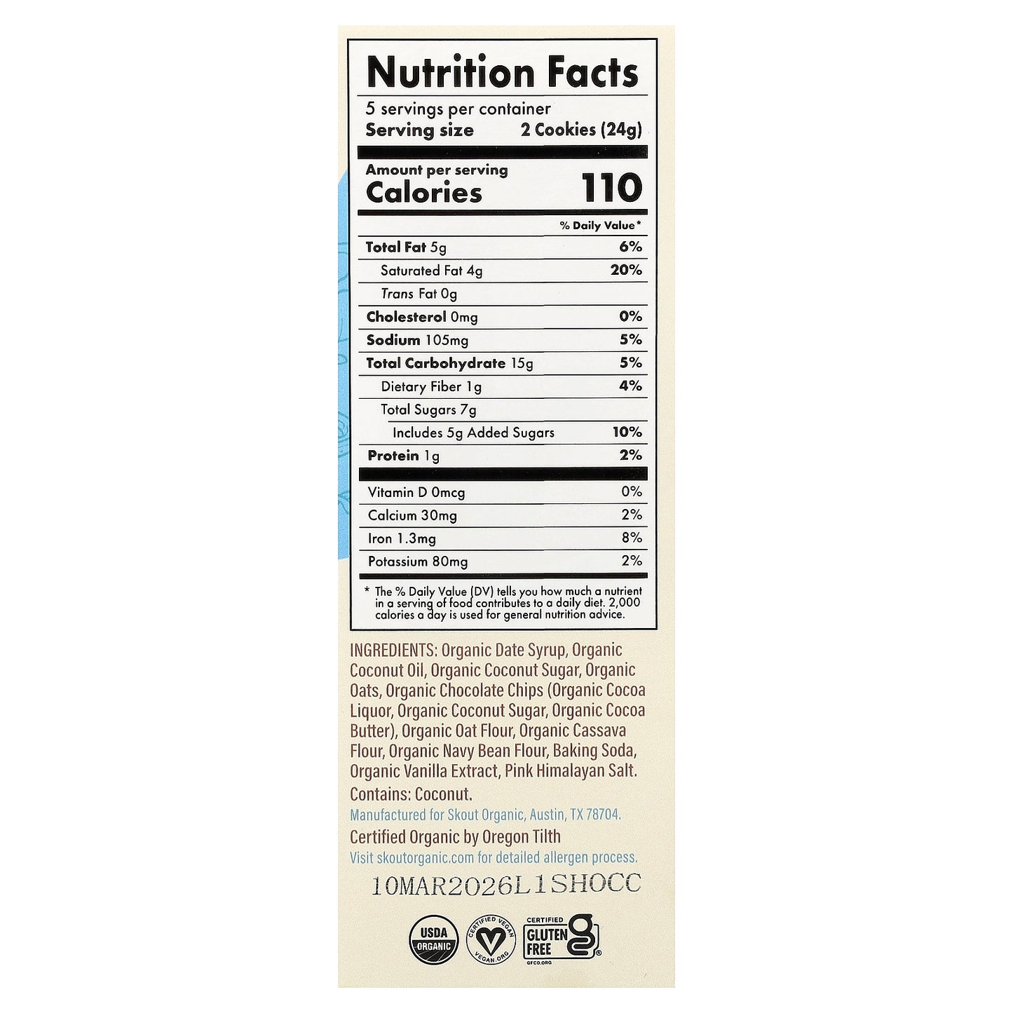 Skout Organic, Soft-Baked Cookies, Oatmeal Chocolate Chip, 5 Pouches, 2 Cookies (24 g) Each