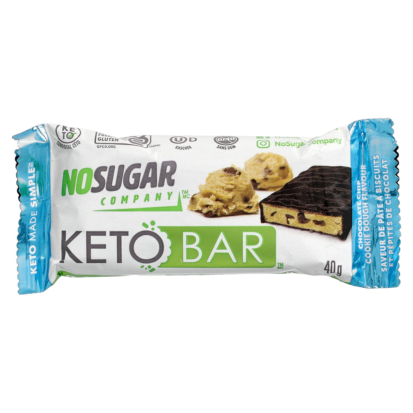 No Sugar Company, Keto Bars™, Chocolate Chip Cookie Dough, 12 Bars, 40 g Each