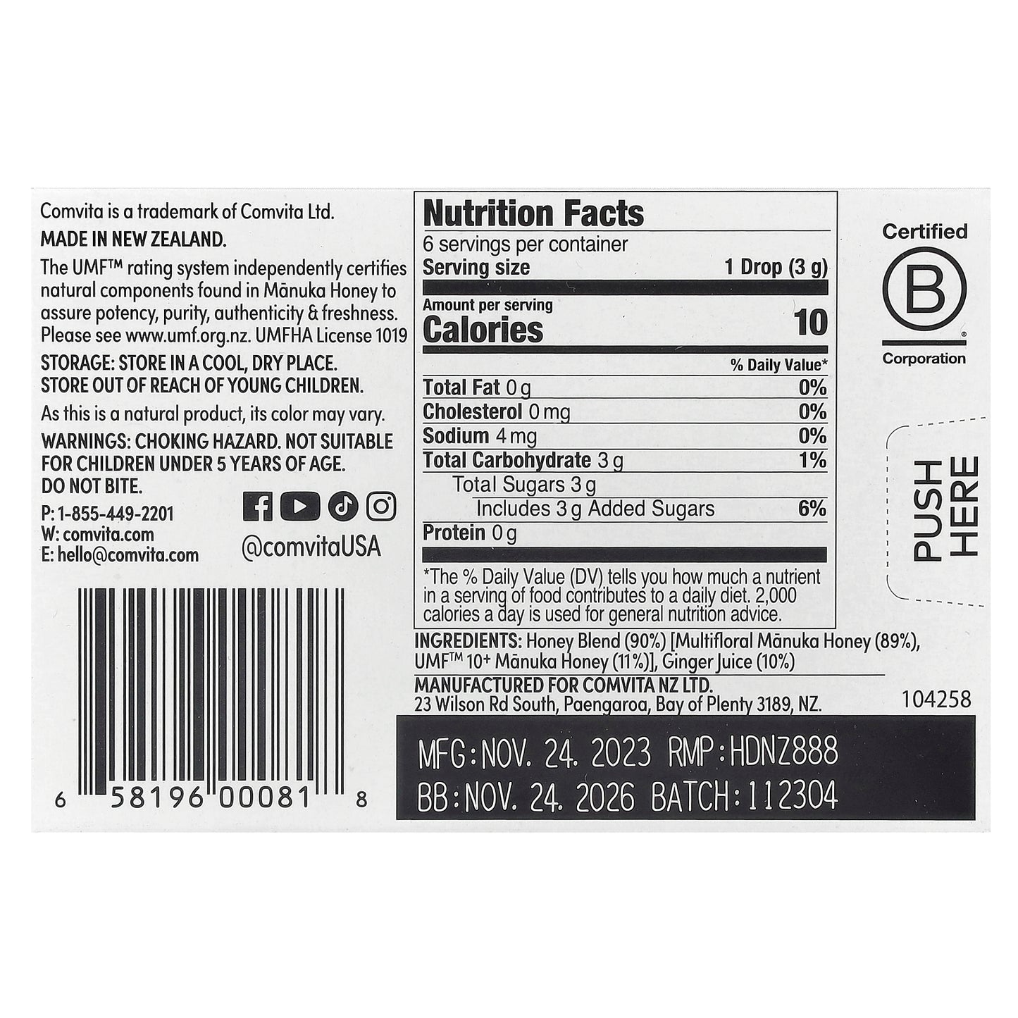 Comvita, Manuka Honey Drops with Ginger, 6 Drops, 0.63 oz (18 g)