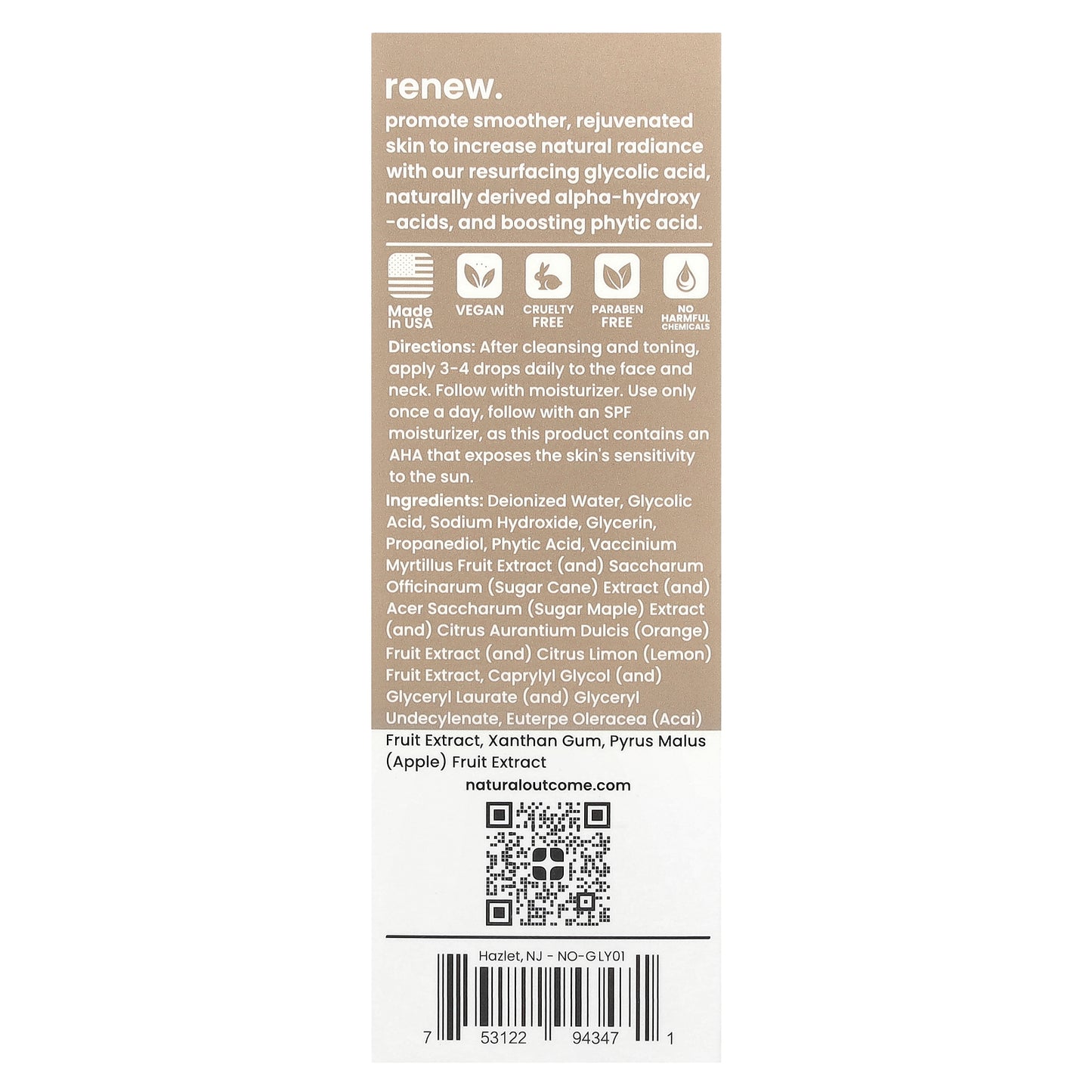 Natural Outcome, Glycolic, Renewal Serum, Fragrance Free, 1 oz (30 ml)