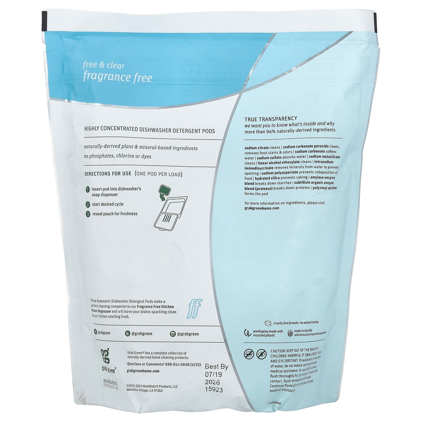 Grab Green, Automatic Dishwasher Powder Detergent Pods, Fragrance Free, 60 Loads, 2 lbs 6 oz (1,080 g)