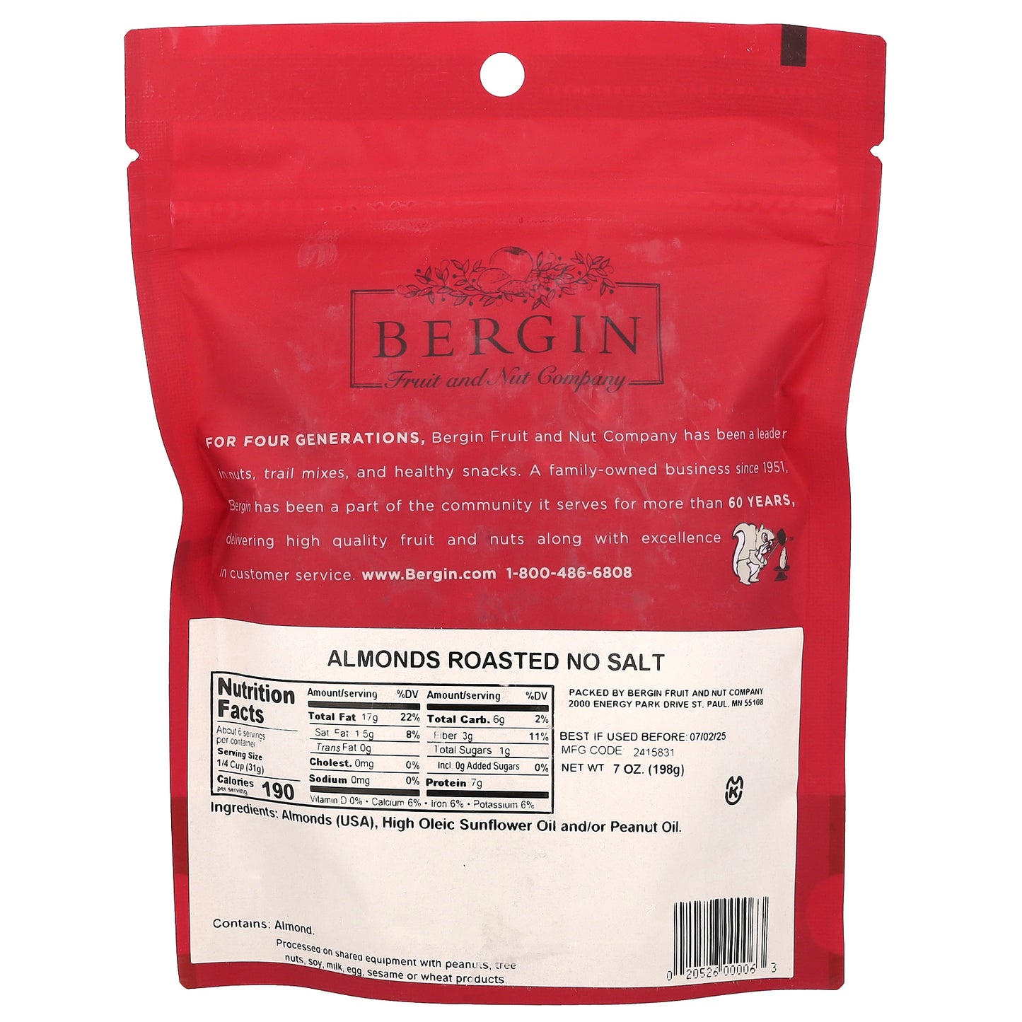 Bergin Fruit and Nut Company, Almonds Roasted, No Salt, 7 oz (198 g)