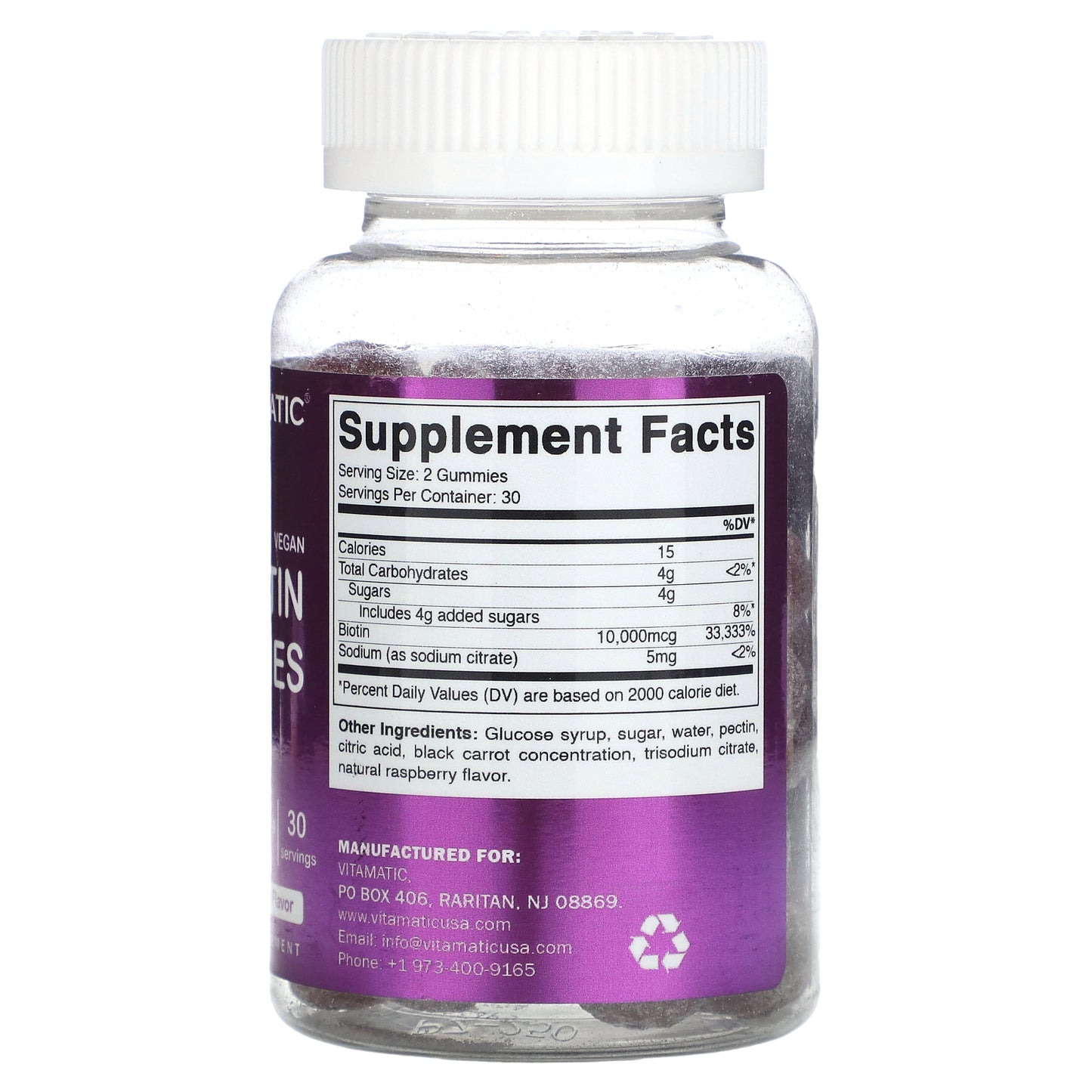 Vitamatic, Vegan Biotin Gummies, Natural Raspberry, 60 Gummies