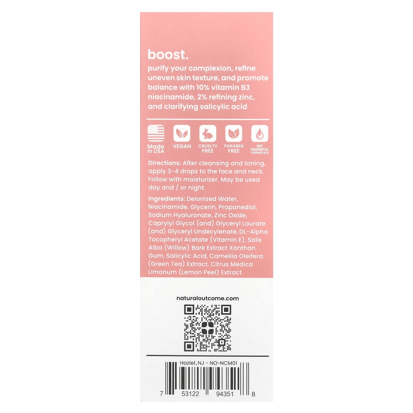 Natural Outcome, Niacinamide, B-Boost Serum, Fragrance Free, 1 oz (30 ml)