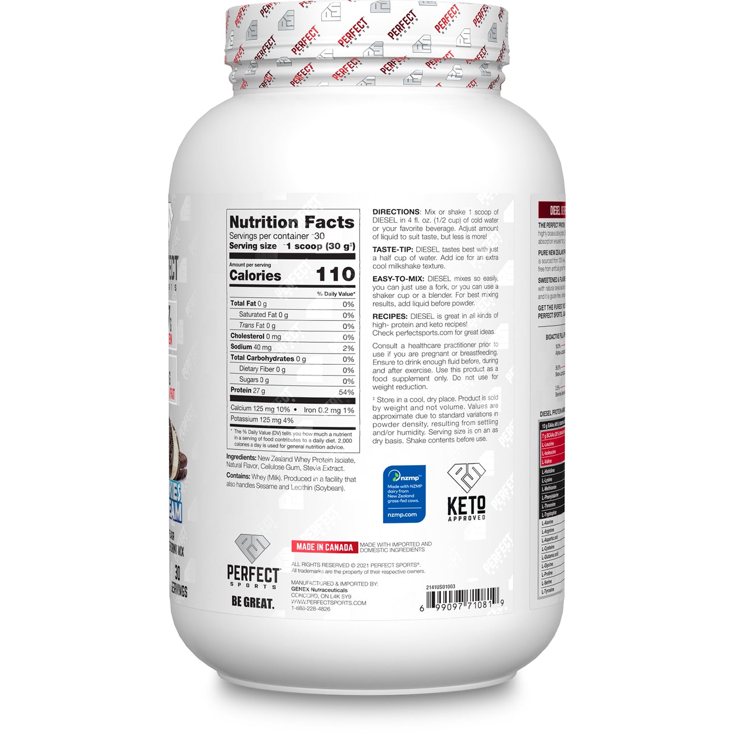 PERFECT Sports, Diesel, New Zealand Whey Isolate, Cookies 'n Cream, 2 lbs (908 g)