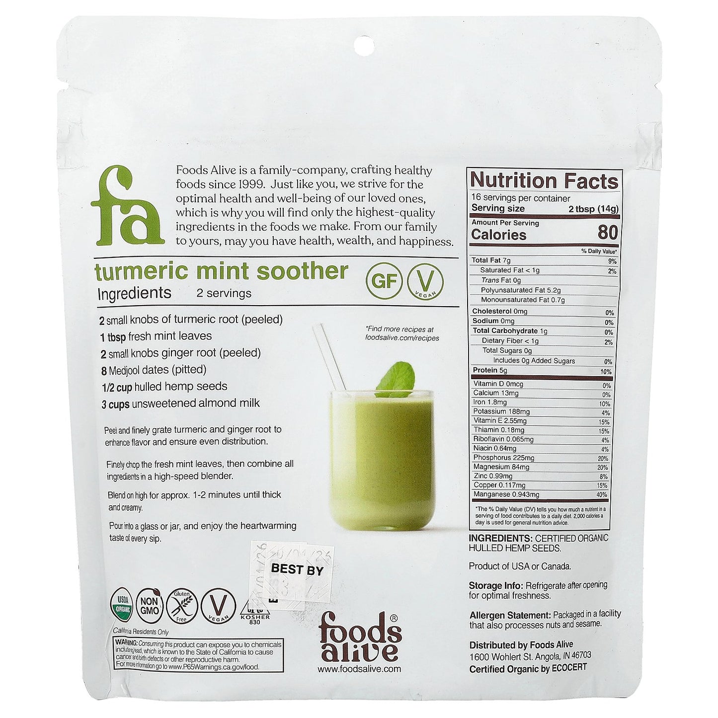 Foods Alive, Organic Hulled Hemp Seeds, 8 oz (227 g)