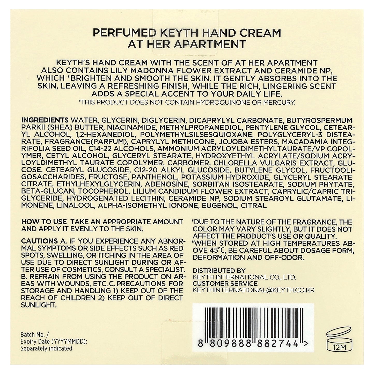 KEYTH, Perfumed Hand Cream, At Her Apartment, 2.36 fl oz (70 ml)