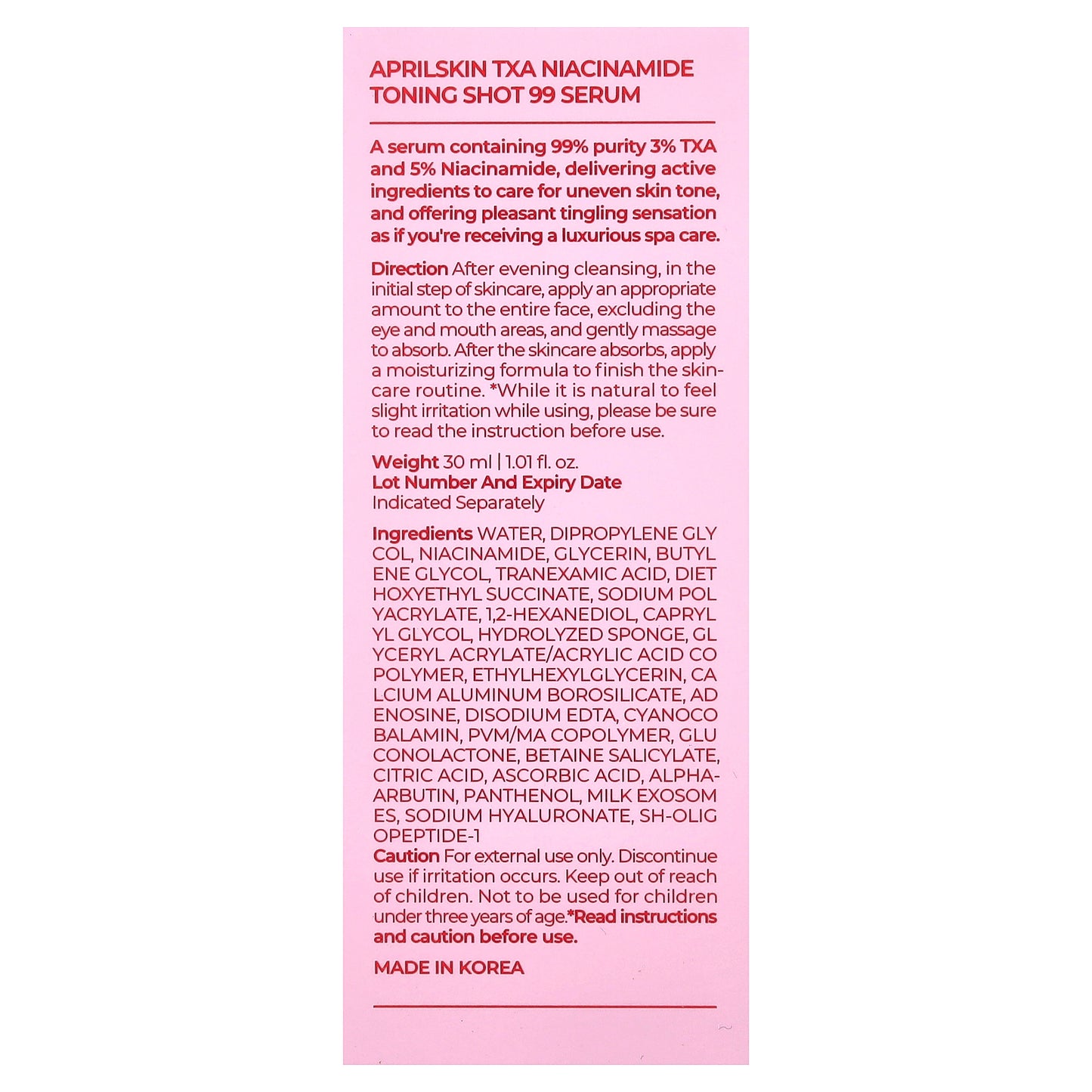 April Skin, TXA Niacinamide Toning Shot 99% Serum, 1.01 fl oz (30 ml)