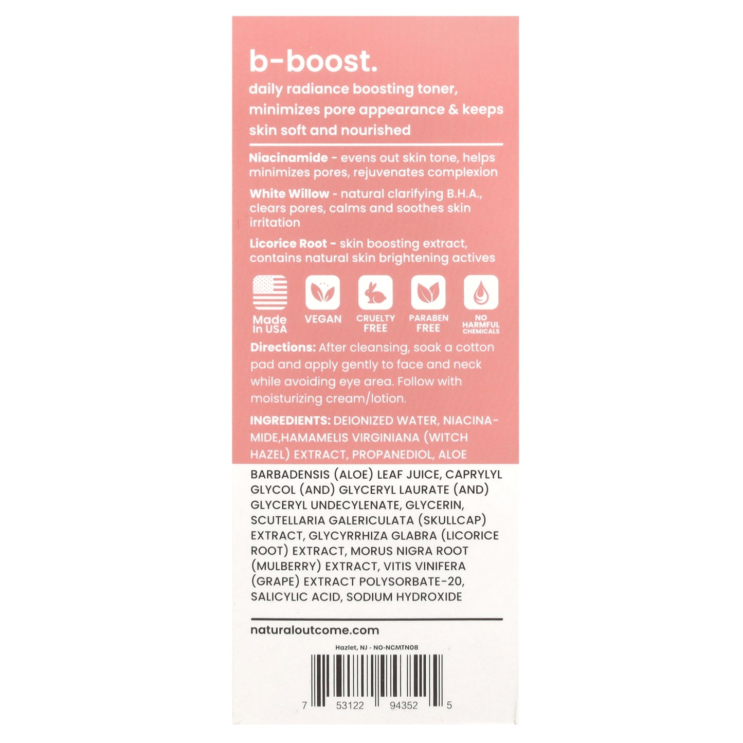 Natural Outcome, Niacinamide, B-Boost Daily Toner, Fragrance Free, 8 oz (236 ml)