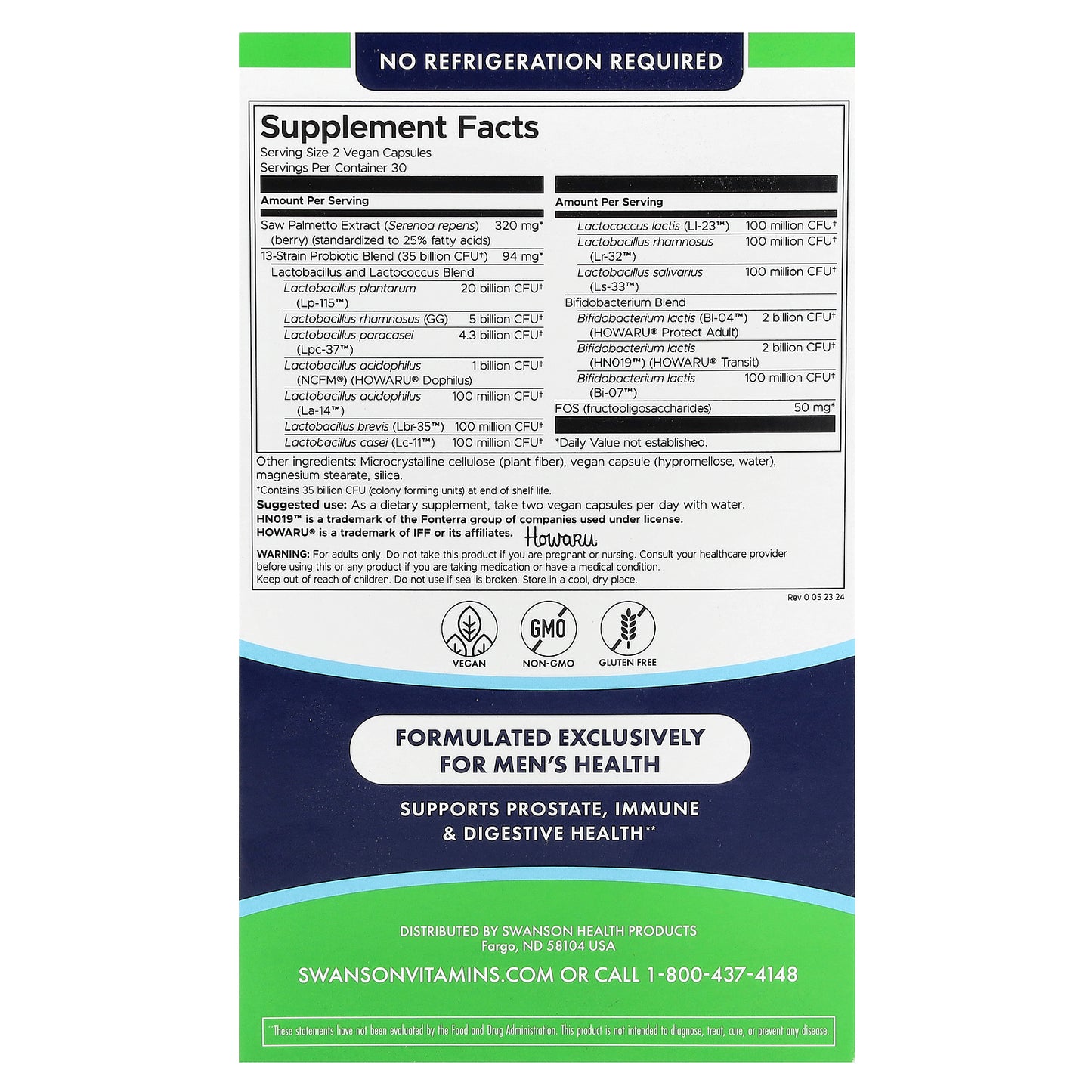 Swanson, Men's Daily, Probiotic + Prebiotics FOS With Saw Palmetto, 35 Billion CFU, 60 Vegan Capsules