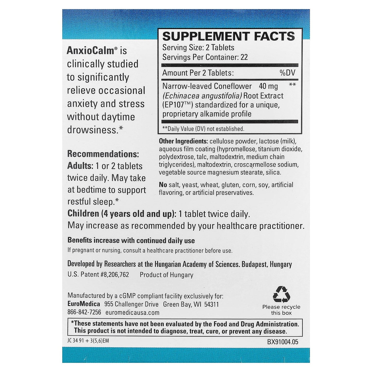 EuroMedica, AnxioCalm®, 45 Tablets (20 mg per Tablet)