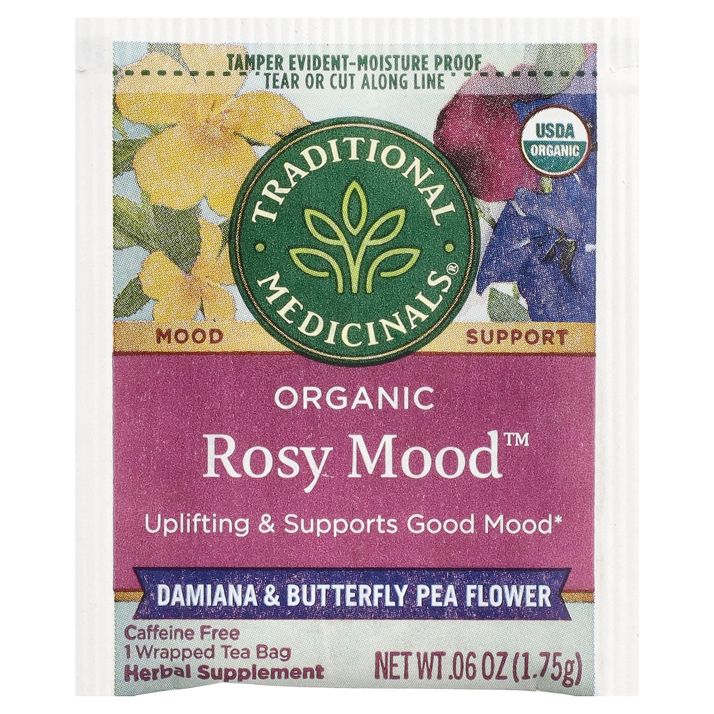 Traditional Medicinals, Organic Rosy Mood™, Damiana & Butterfly Pea Flower, Caffeine Free, 16 Wrapped Tea Bags, 0.99 oz (28 g)