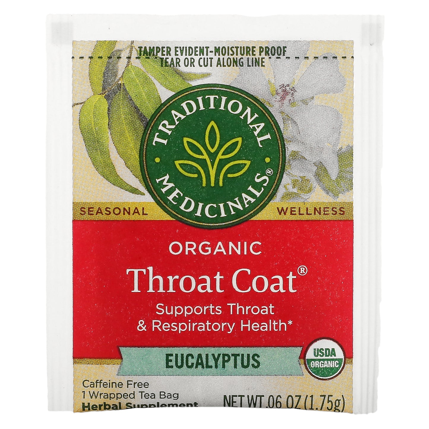 Traditional Medicinals, Organic Throat Coat®, Eucalyptus, Caffeine Free, 16 Wrapped Tea Bags, 0.99 oz (28 g)