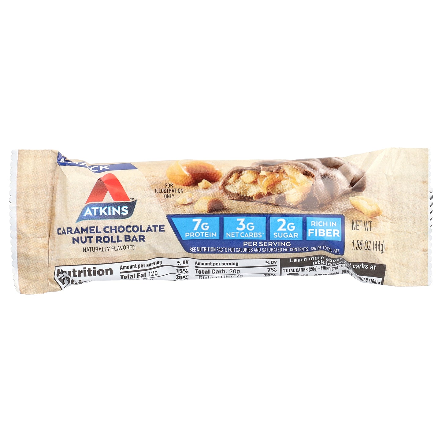 Atkins, Snack, Caramel Chocolate Nut Roll Bar, 8 Bars, 1.55 oz (44 g) Each