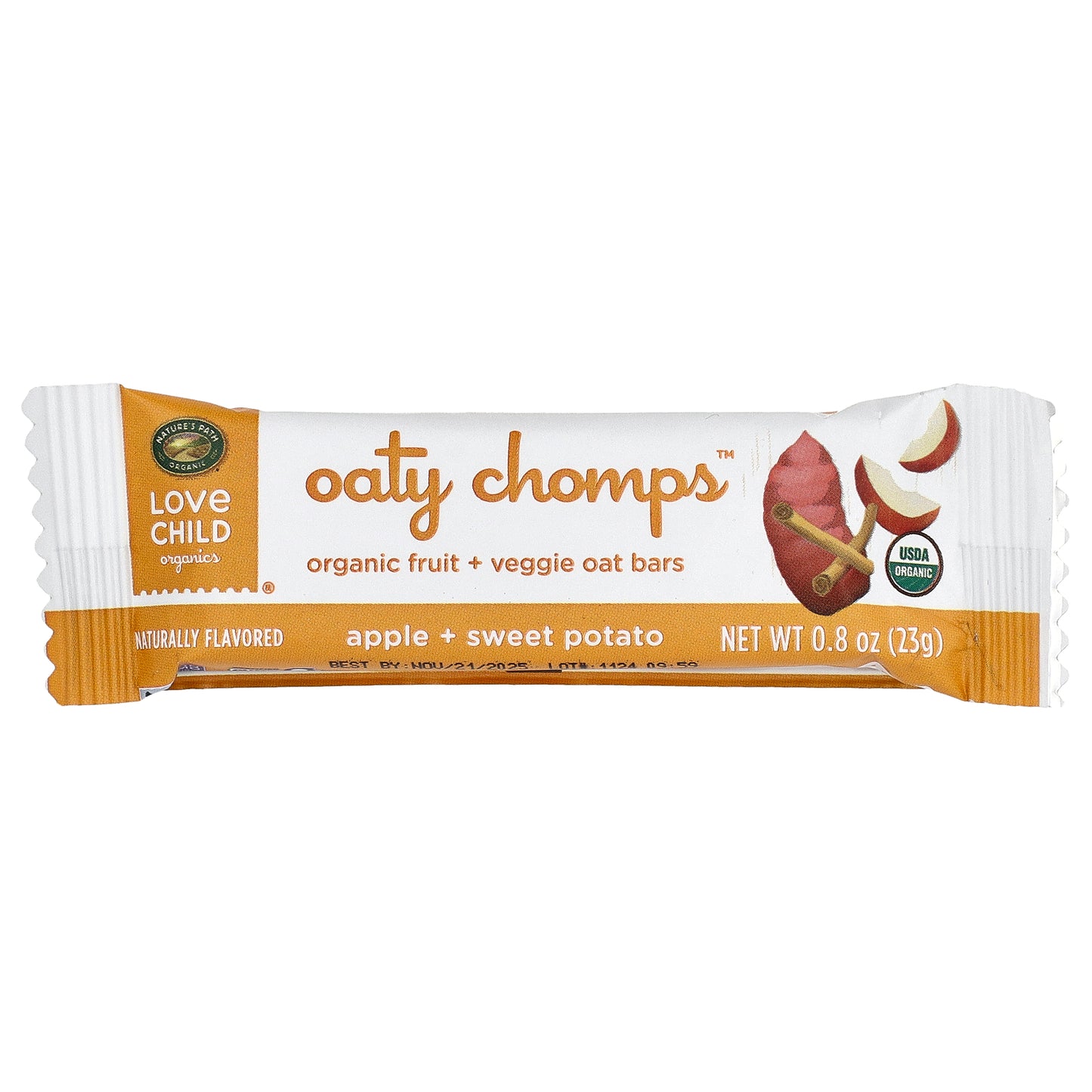 Love Child Organics, Nature's Path, Oaty Chomps™ Organic Bars, 12+ Months, Apple + Sweet Potato, 5 Individually Wrapped Bars, 0.8 oz (23 g) Each