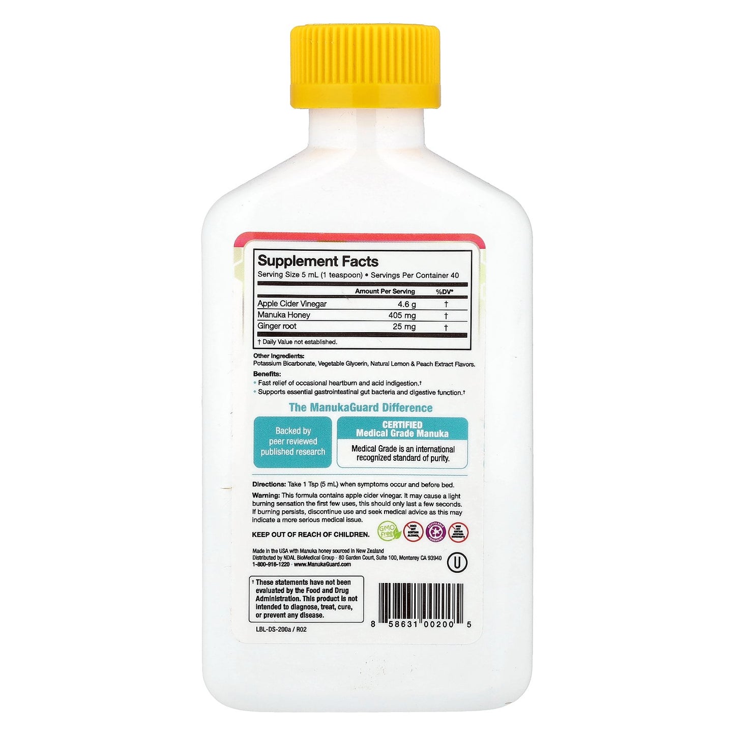 ManukaGuard, Medical Grade Manuka Honey, Natural Lemon Peach, 6.8 oz (200 ml)