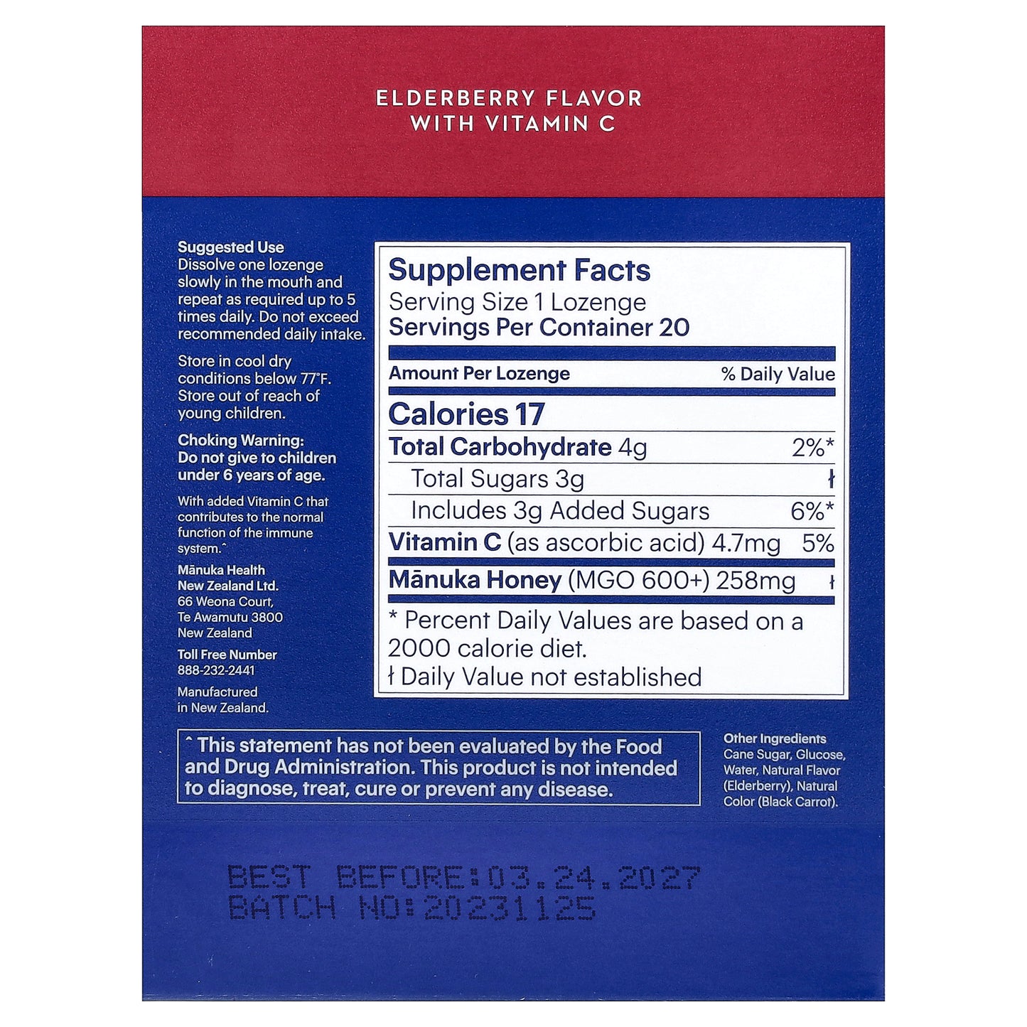 Manuka Health, Manuka Honey Lozenges, Elderberry, MGO 600+, 20 Lozenges