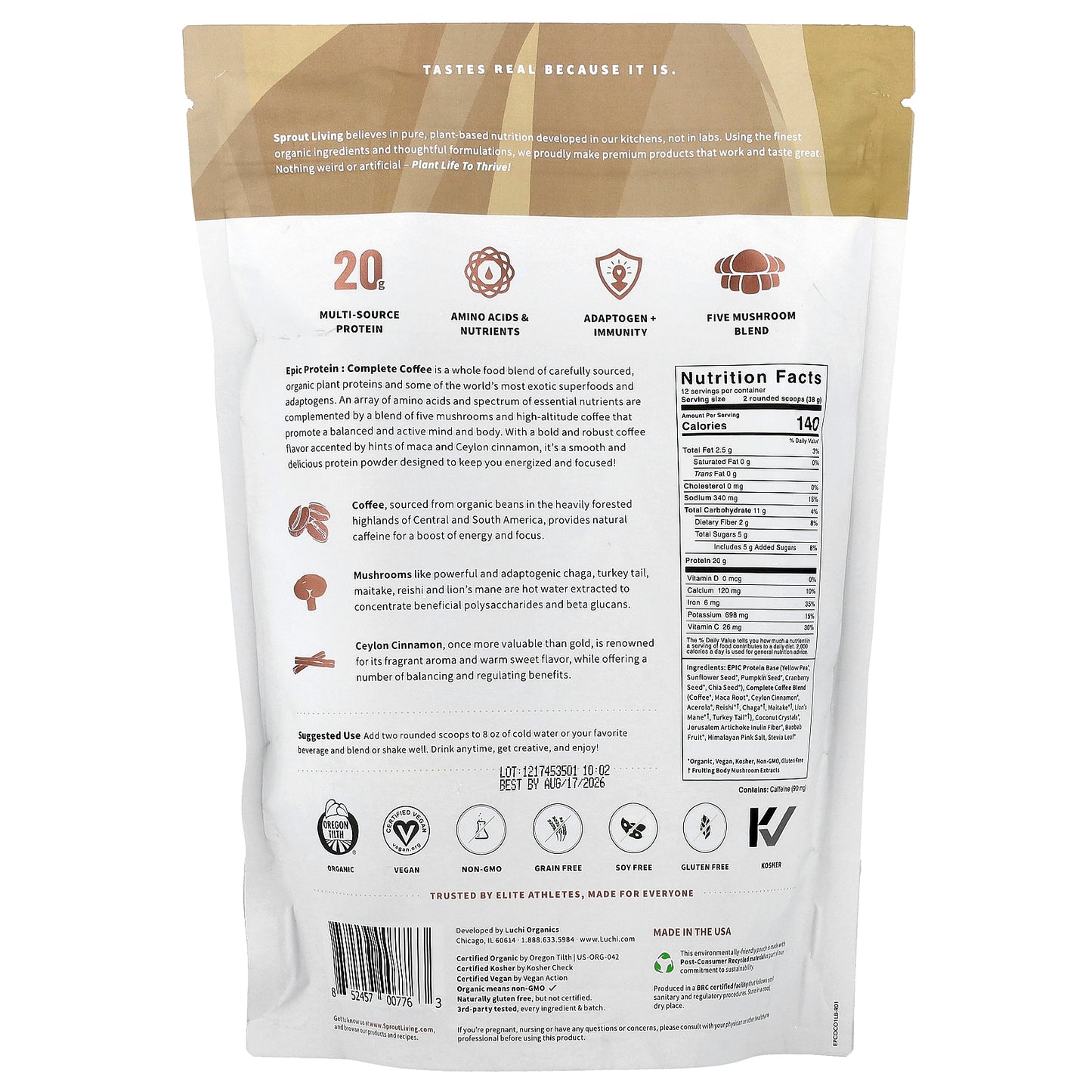 Sprout Living, Epic Protein®, Organic Plant Protein + Adaptogens, Complete Coffee, 1 lb (456 g)