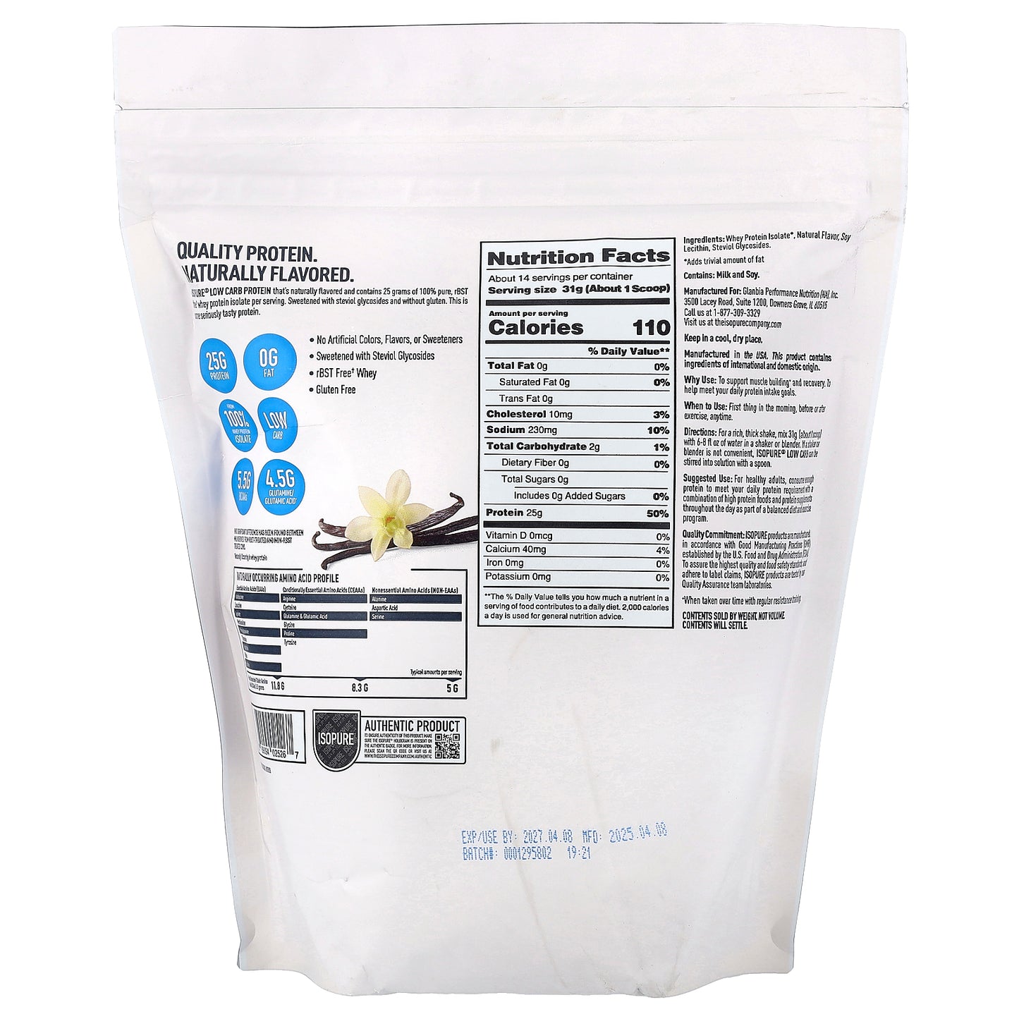 Isopure, Low Carb Protein Powder Drink Mix, Vanilla Bean, 1 lb (454 g)