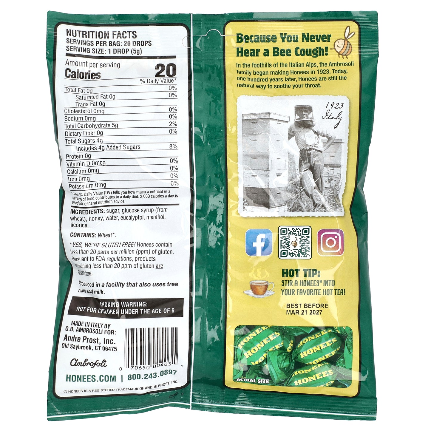 Honees, Soothing Throat Drops with Honey, Menthol & Eucalyptus, 20 Pieces, 3.5 oz (100 g)