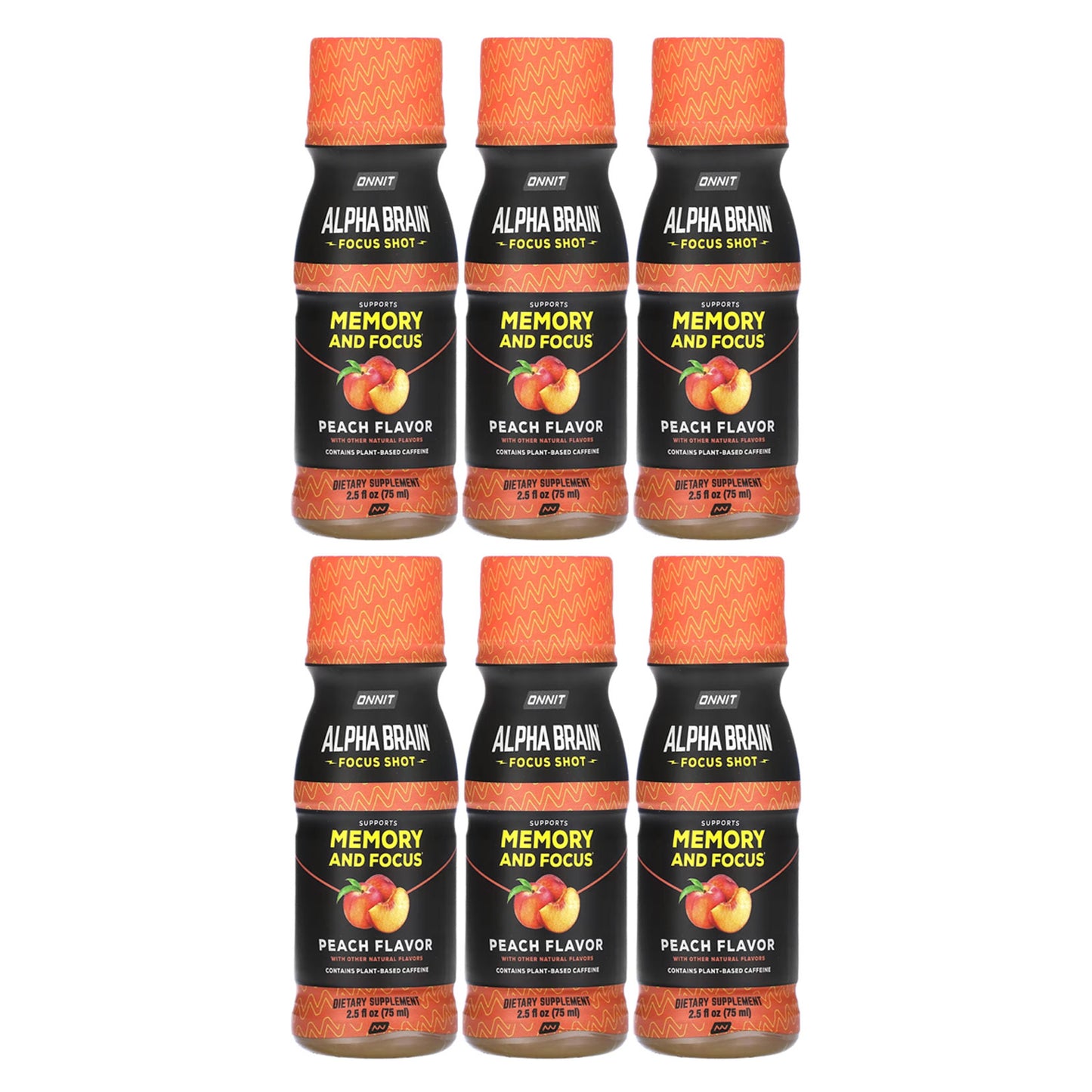 Onnit, Alpha Brain Focus Shot, Peach, 6 Bottles, 2.5 fl oz (75 ml) Each
