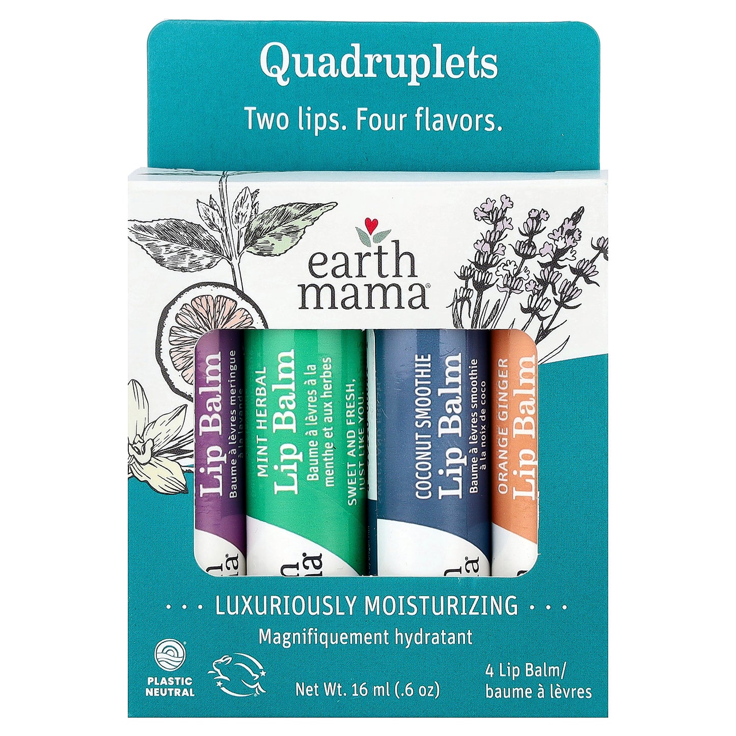 Earth Mama, Lip Balm, Quadruplets, 4 Pack, 0.15 oz (4 ml) Each