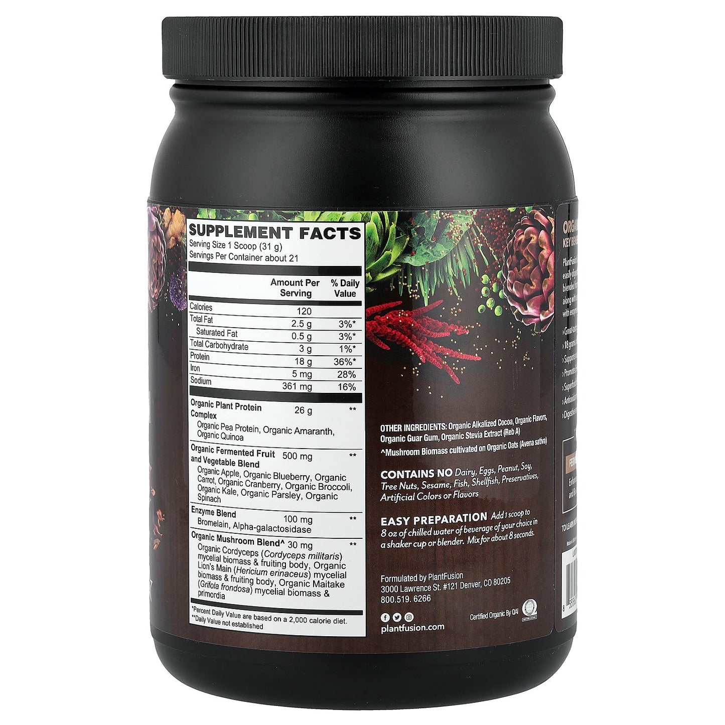 PlantFusion, Organic Plant Protein, Rich Chocolate, 22.6 oz (641 g)