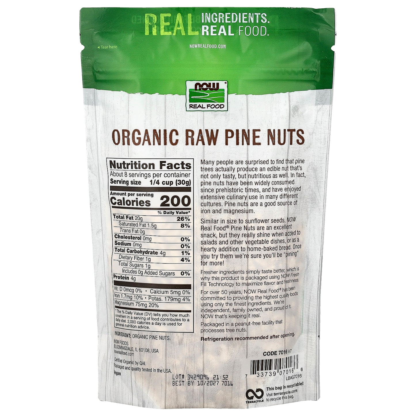 NOW Foods, Real Food, Organic Raw Pine Nuts, 8 oz (227 g)