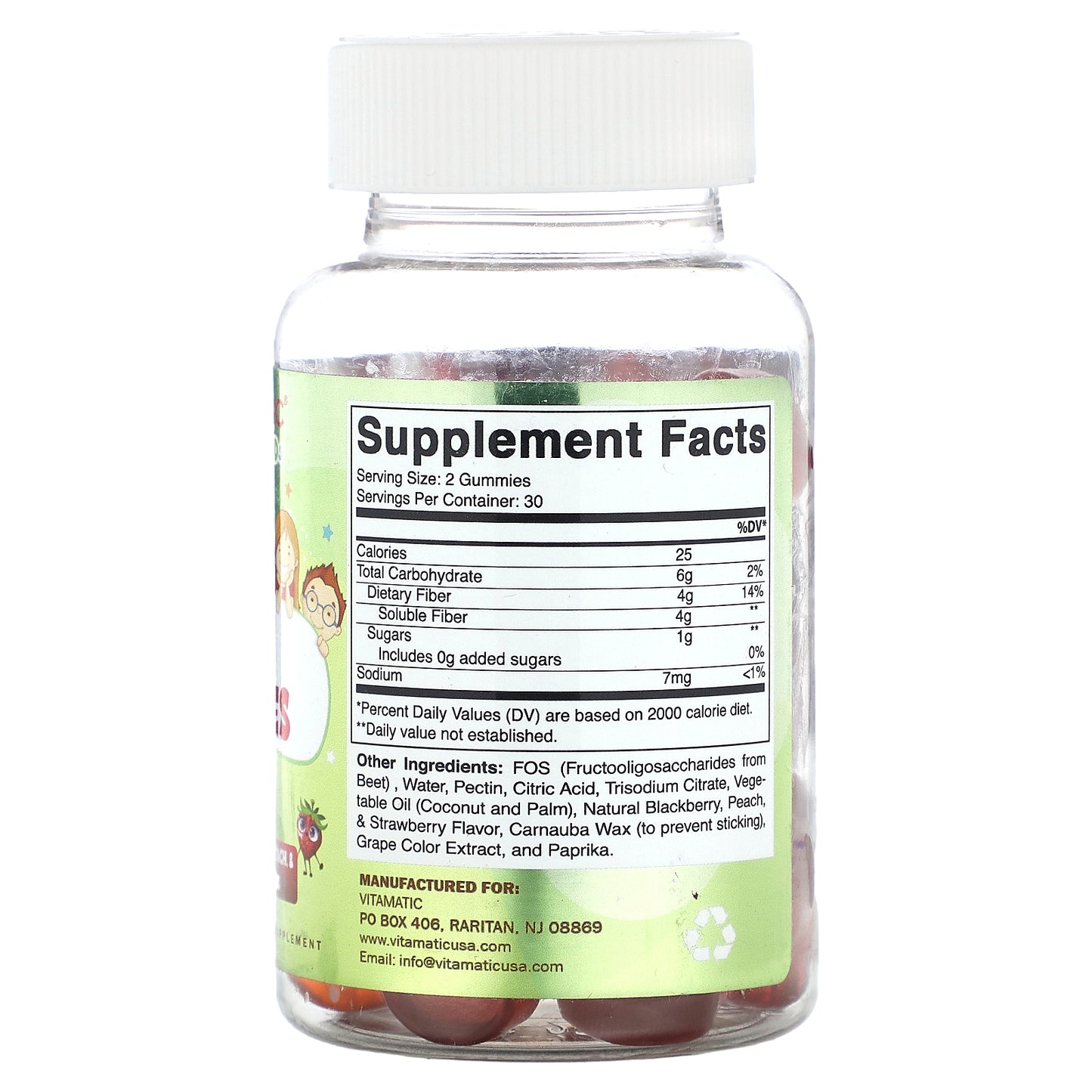 Vitamatic, Kids Fiber Gummies, Natural Blackberry, Peach & Strawberry Flavors, 60 Gummies