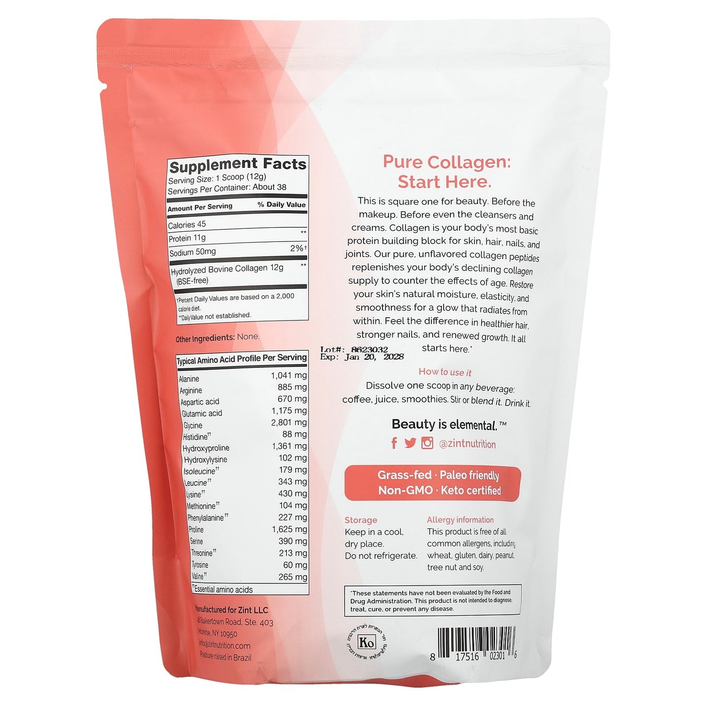 Zint, Pure Grass-Fed Collagen Peptides, Unflavored, Bag, 16 oz (454 g)