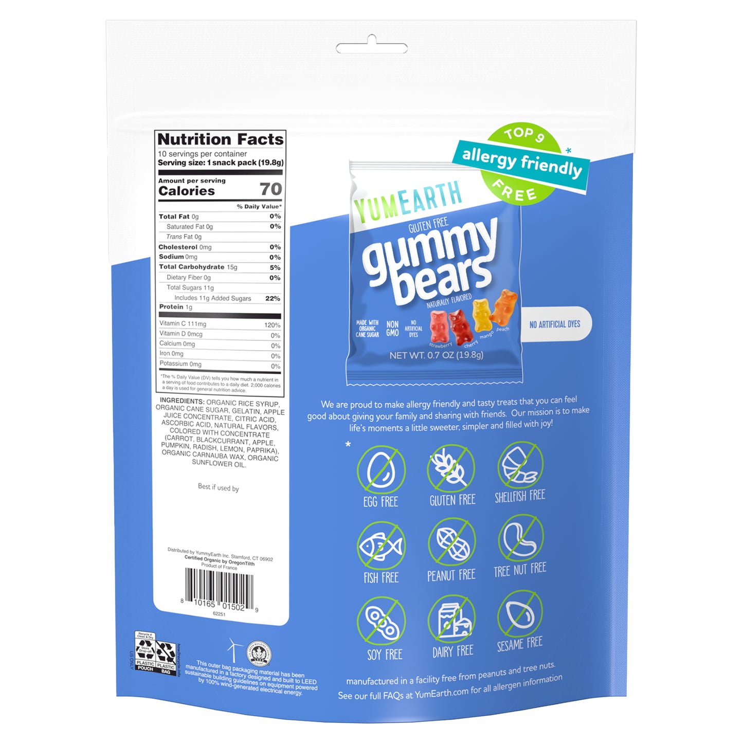 YumEarth, Gluten Free Gummy Bears, Strawberry, Cherry, Mango, Peach, 10 Snack Packs, 0.7 oz (19.8 g) Each
