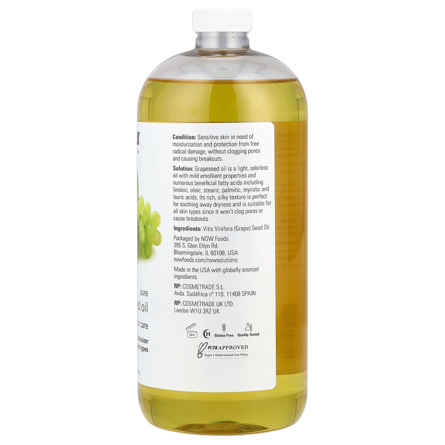 NOW Foods, Solutions, Pure Grapeseed Oil, All Skin Types, 32 fl oz (946 ml)