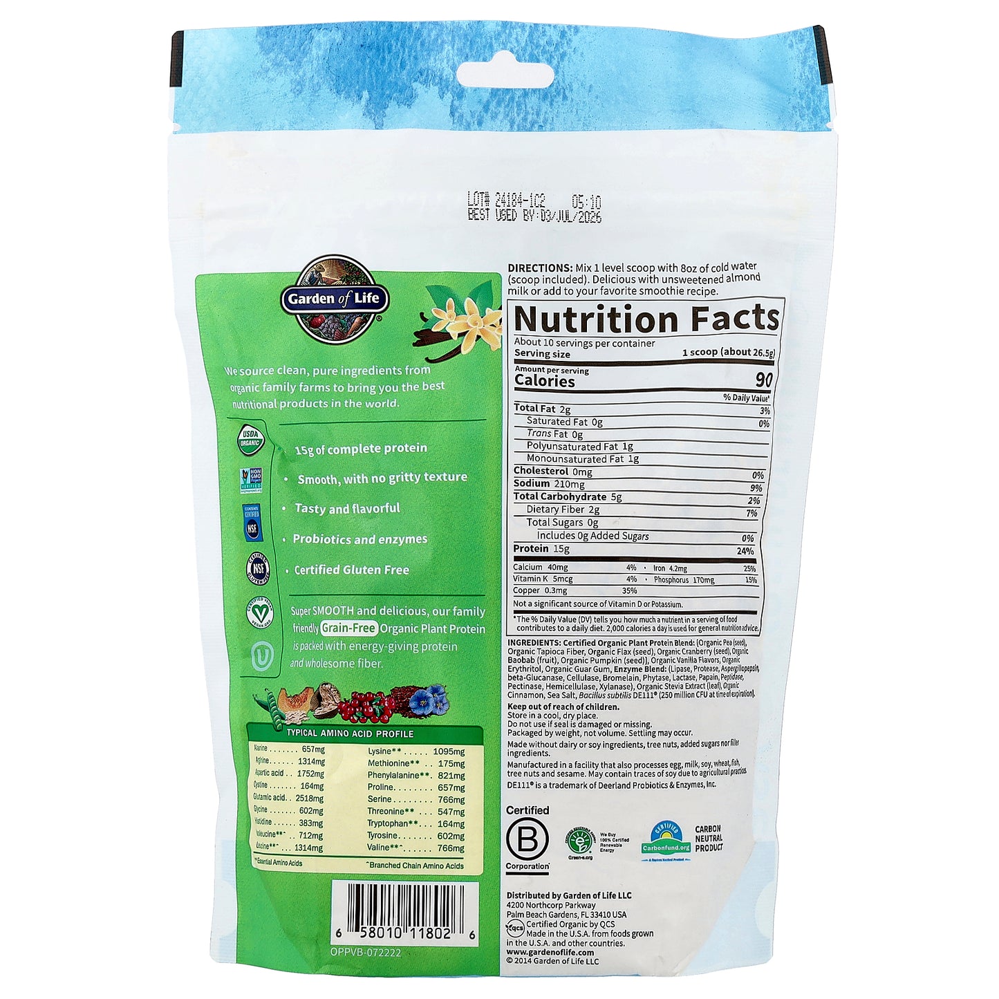 Garden of Life, Organic Plant Protein, Grain Free, Smooth Vanilla, 9.4 oz (265 g)