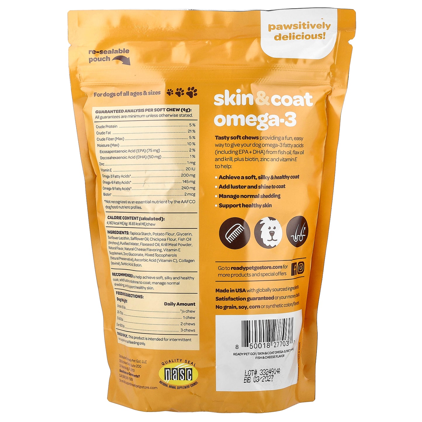 Ready Pet Go, Skin & Coat Omega-3, For Dogs, All Ages, Fish & Cheese, 90 Soft Chews, 12.7 oz (360 g)