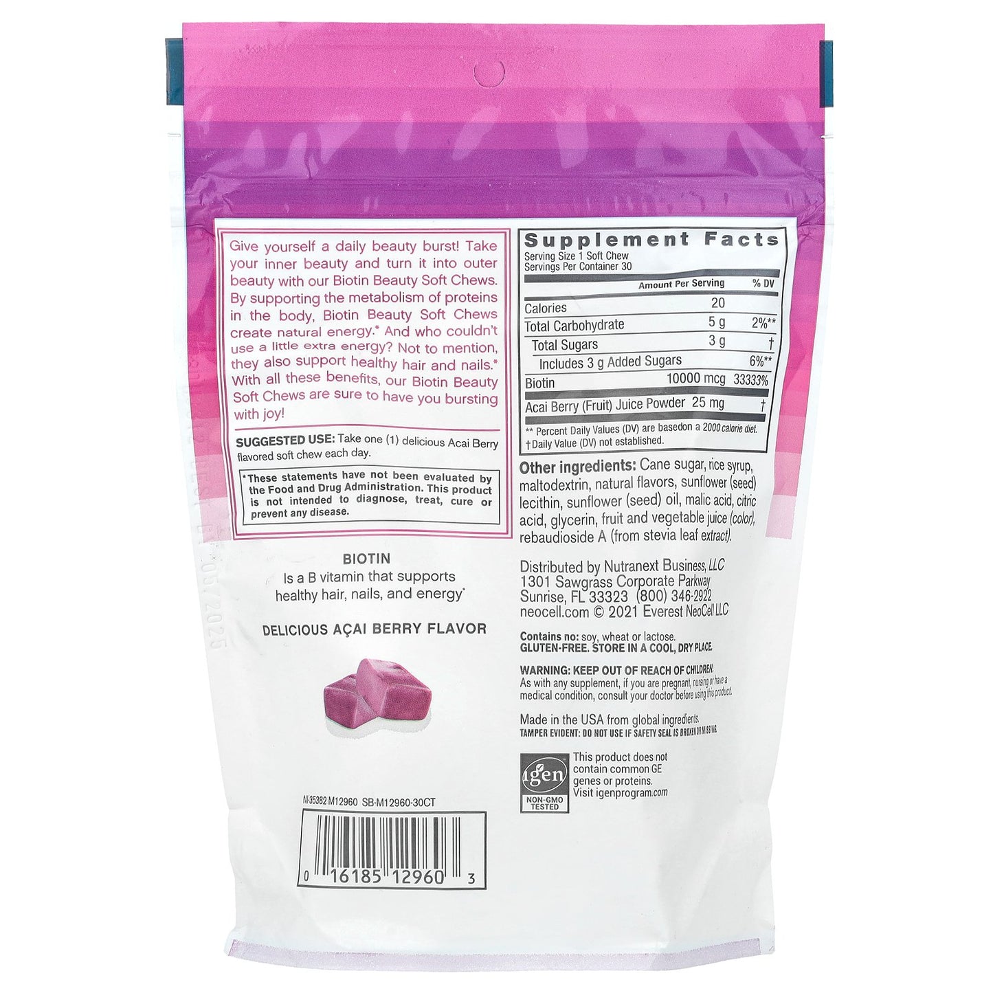 NeoCell, Biotin Beauty Soft Chews, Acai Berry , 10,000 mcg, 30 Soft Chews