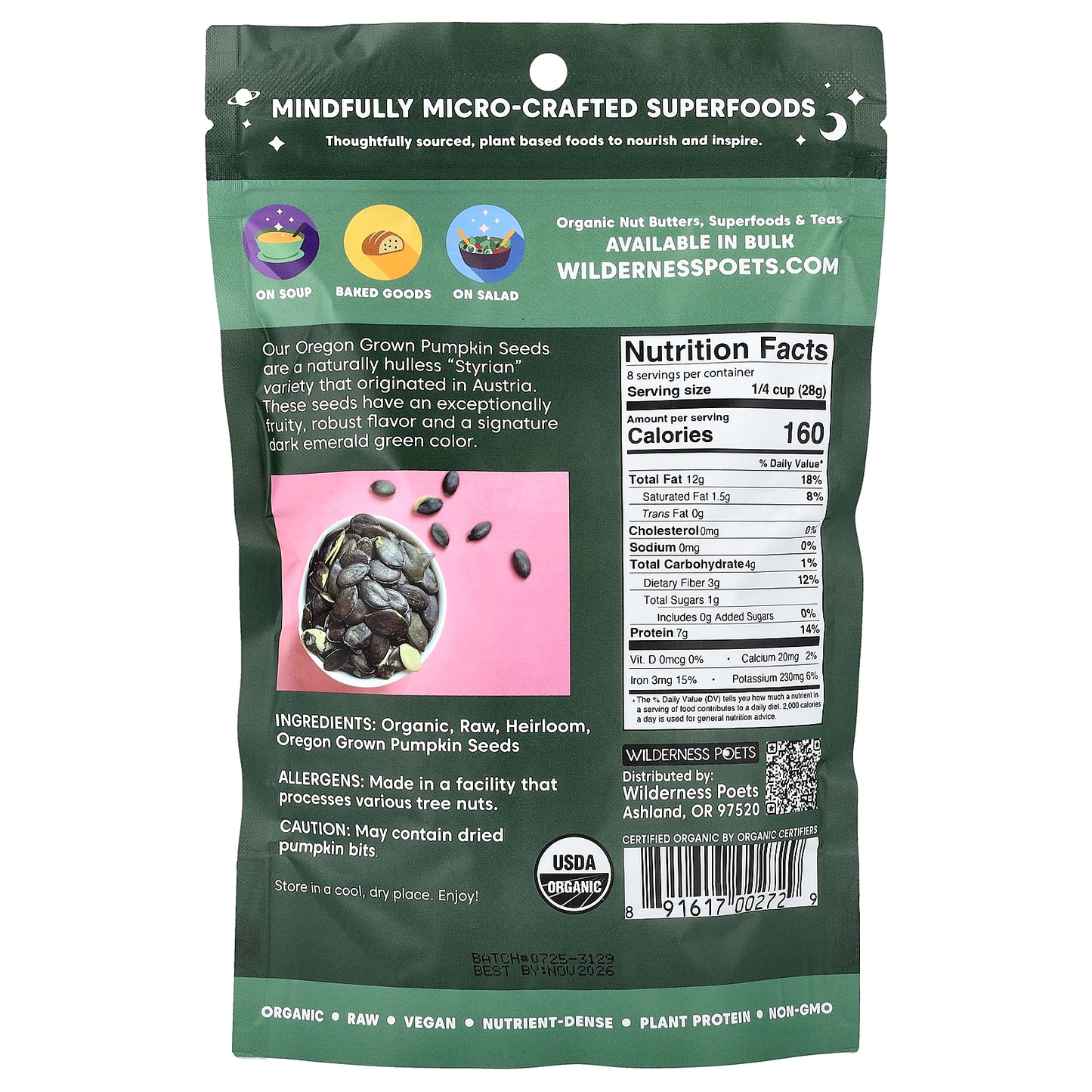 Wilderness Poets, Organic Oregon Pumpkin Seeds, Raw & Unsalted, 8 oz (226 g)