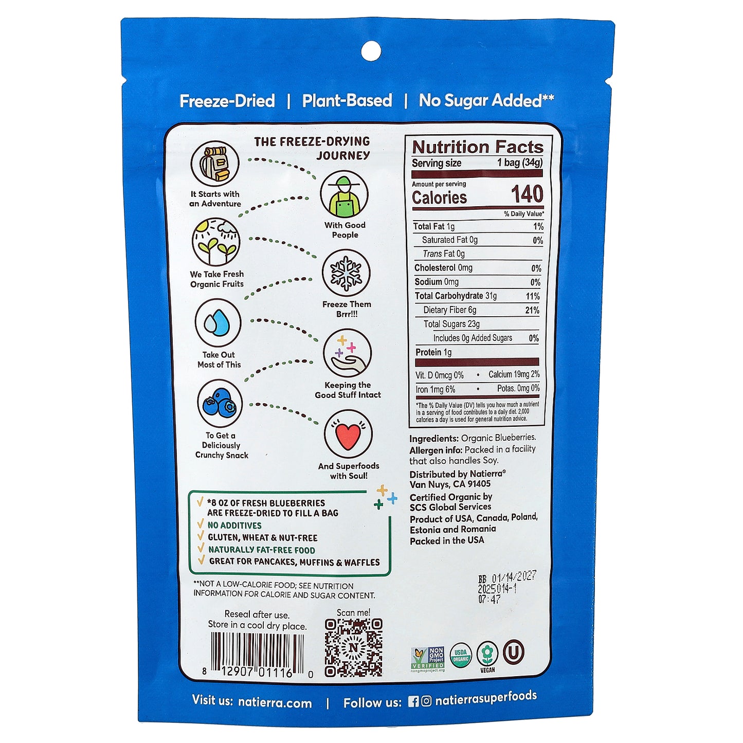 Natierra, Organic Freeze-Dried Blueberries, 1.2 oz (34 g)