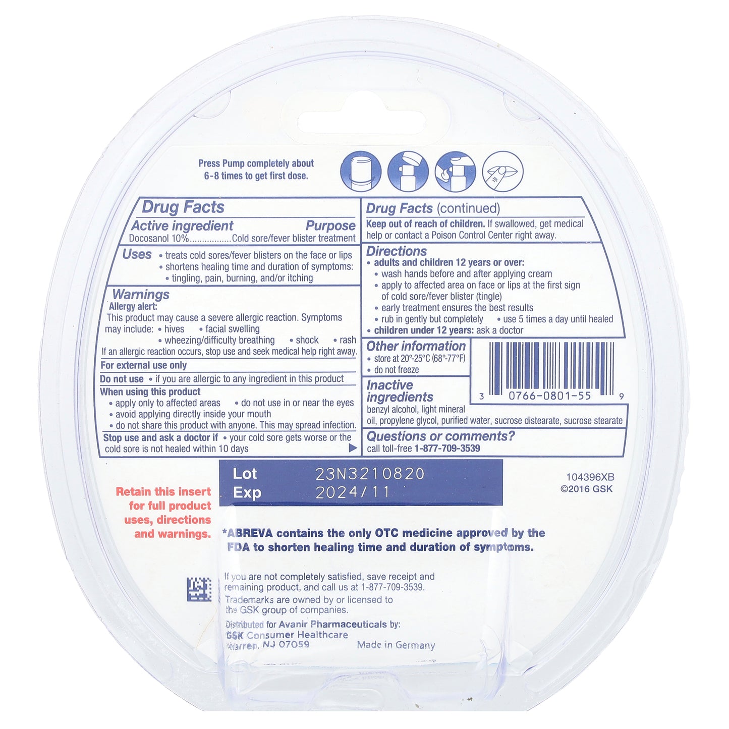 Abreva, Cold Sore/Fever Blister Treatment, Pump, 0.07 oz (2 g)