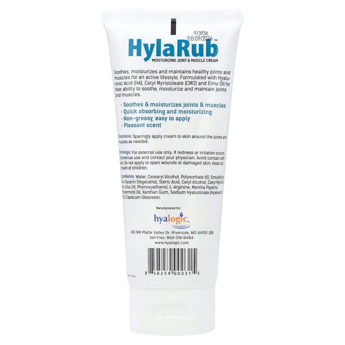 Hyalogic, HylaRub, Moisturizing Joint & Muscle Cream, 6 oz (168 g)