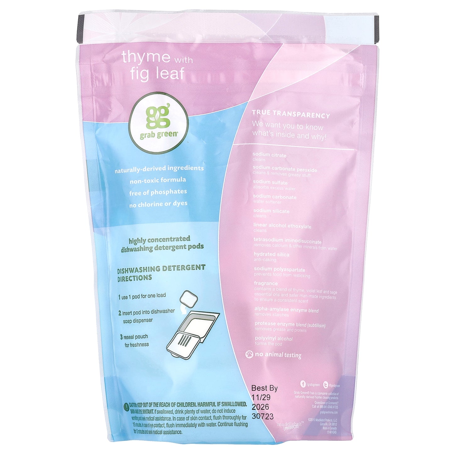 Grab Green, Automatic Dishwashing Detergent Pods, Thyme with Fig Leaf, 24 Loads, 15.2 oz (432 g)