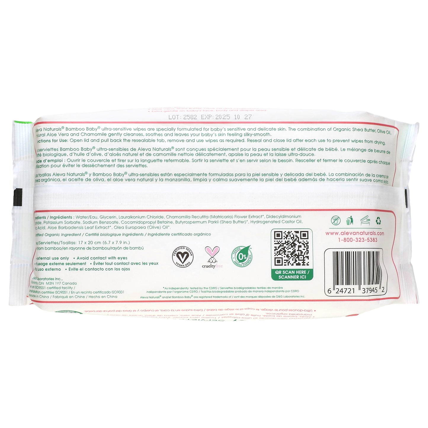 Aleva Naturals, Bamboo Baby Wipes, Ultra Sensitive, 72 Wipes