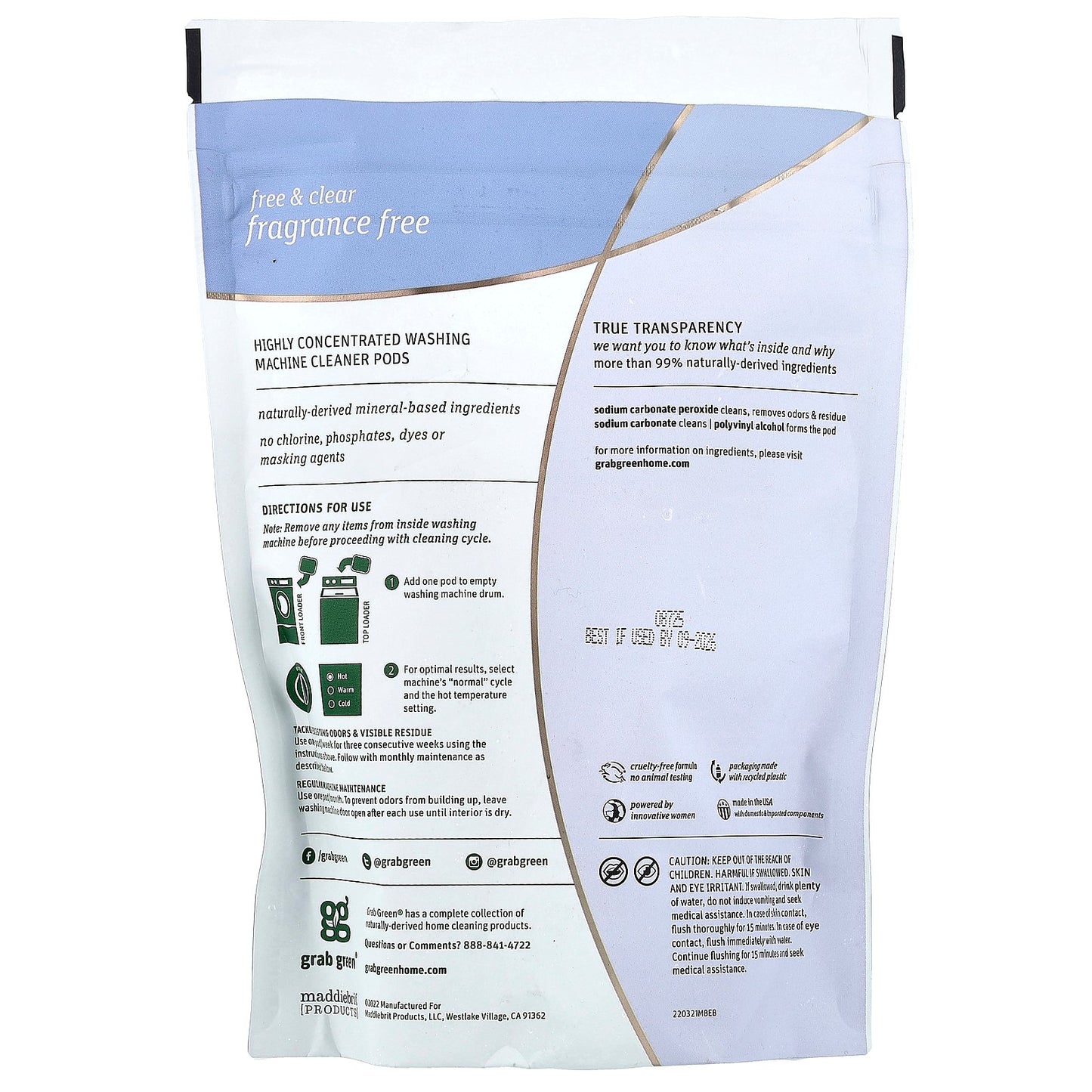 Grab Green, Washing Machine Cleaner Pods, Fragrance Free, 12.5 oz (354 g)