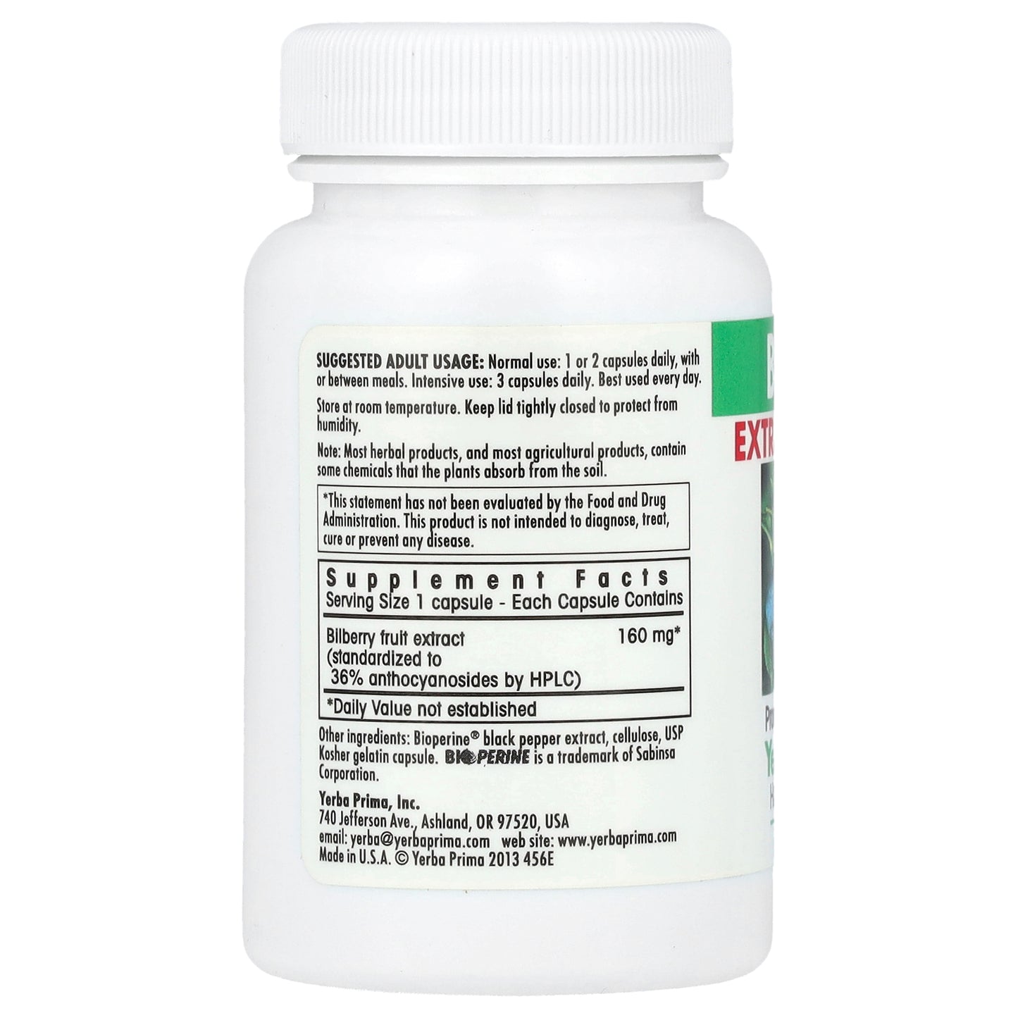 Yerba Prima, Bilberry, 50 Capsules (160 mg per Capsule)