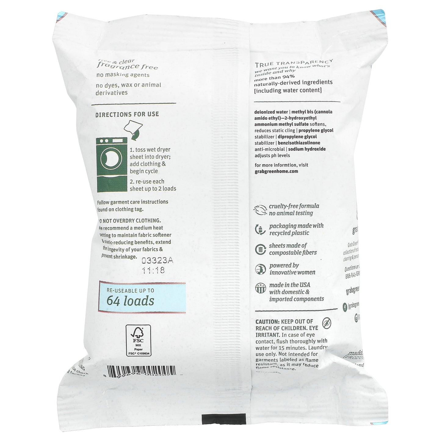 Grab Green, Wet Dryer Sheets, Fragrance Free, 32 Sheets