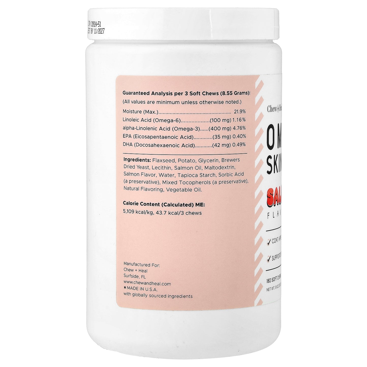 Chew + Heal, Omega Skin + Coat, For Dogs and Cats, Salmon, 180 Soft Chews, 18 oz (513 g)