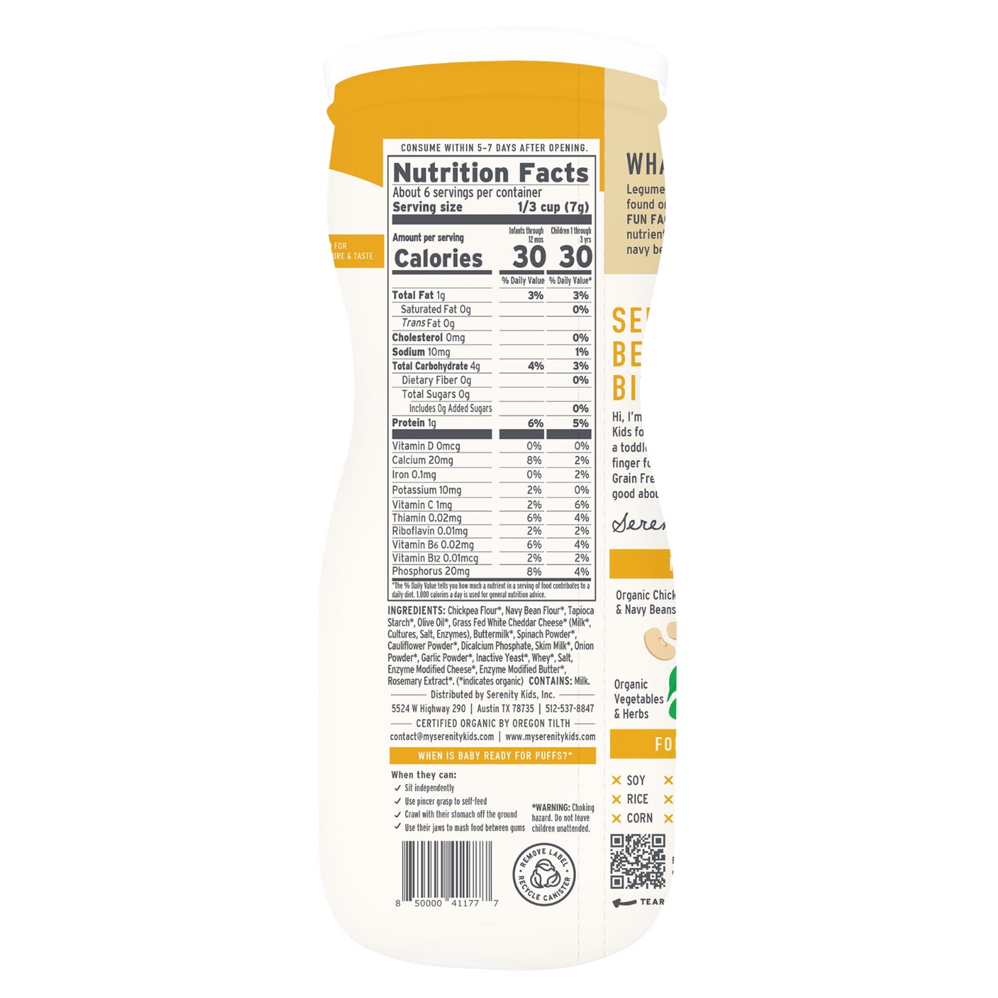 Serenity Kids, Organic Grain Free Puffs, Cheddar & Cauliflower Spinach, 1.5 oz (42 g)