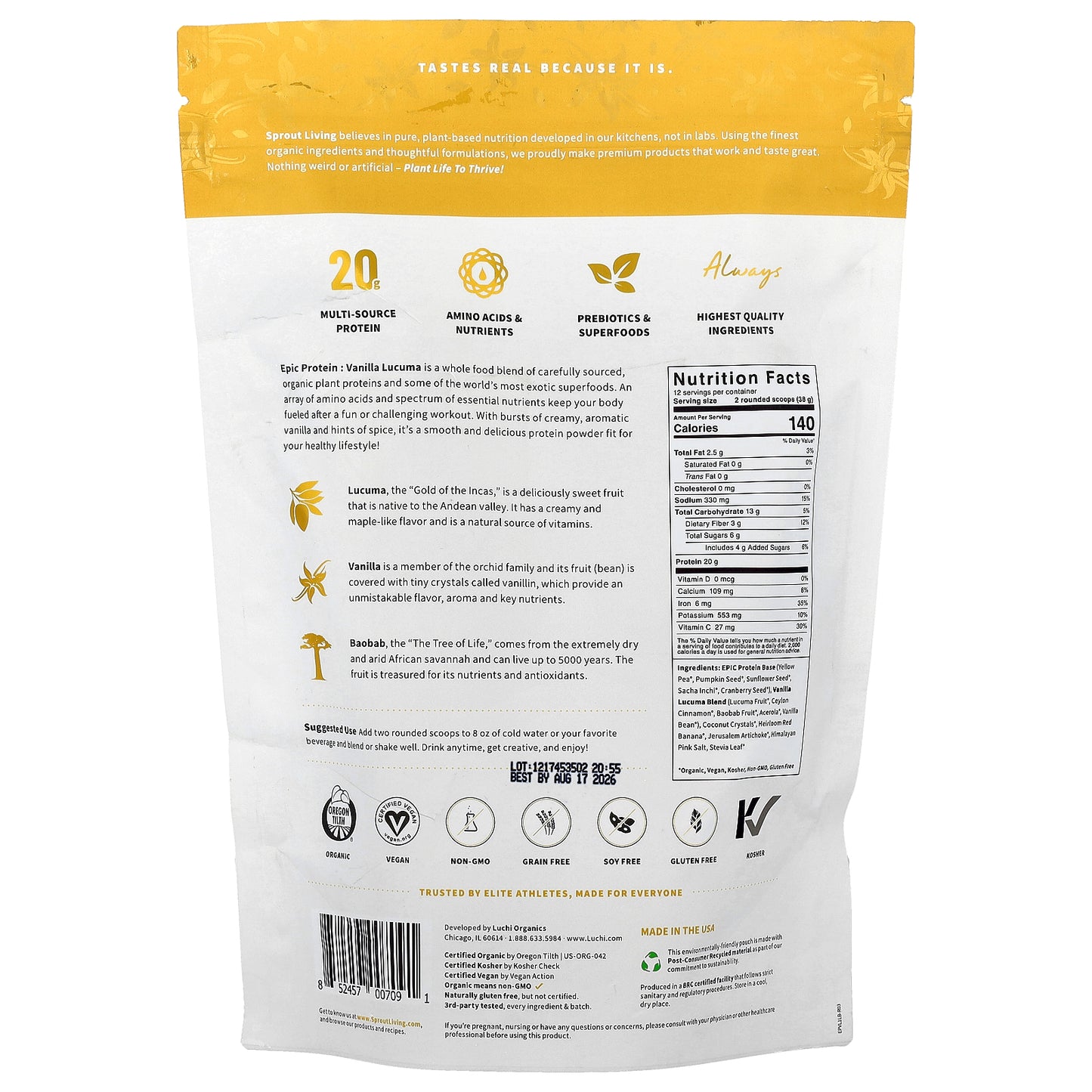 Sprout Living, Epic Protein®, Organic Plant Protein + Superfoods, Vanilla Lucuma, 1 lb (456 g)